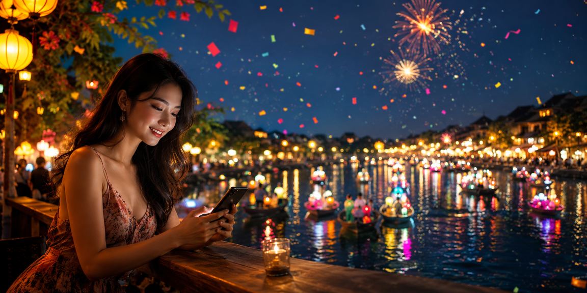 Người dùng tại Hội An đọc phân tích trận đấu qua điện thoại trong không gian cà phê